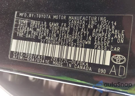 2014 Toyota Corolla L from USA, damaged, VIN 2T1BURHEXEC182191